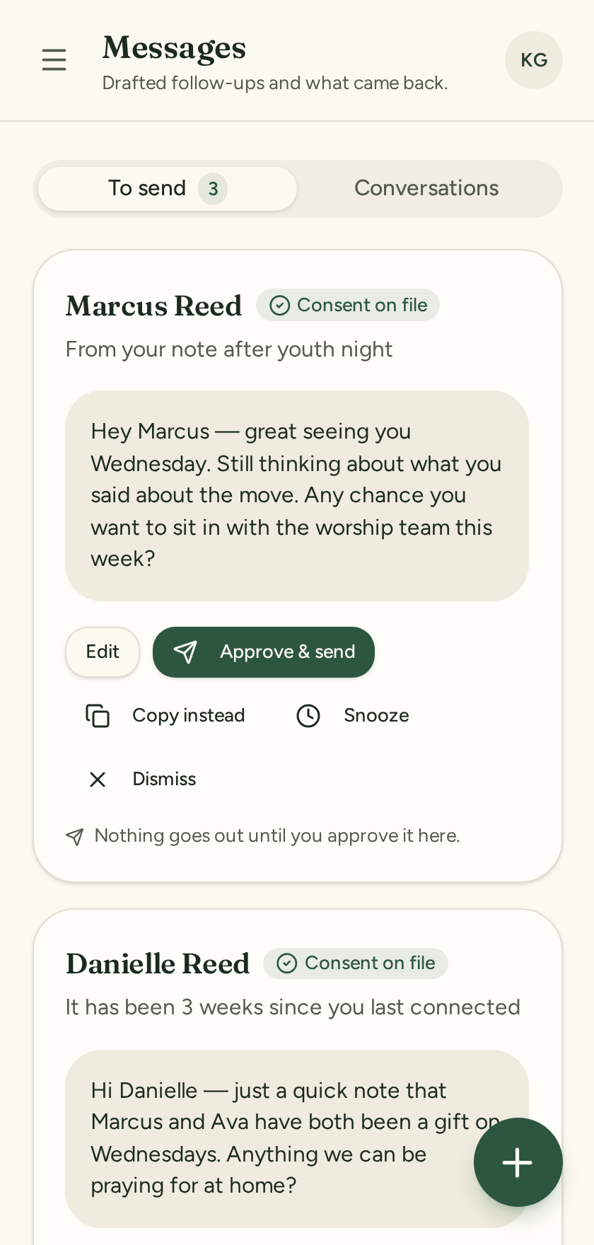 Tend's messages screen showing a suggested follow-up with approve, snooze and dismiss actions