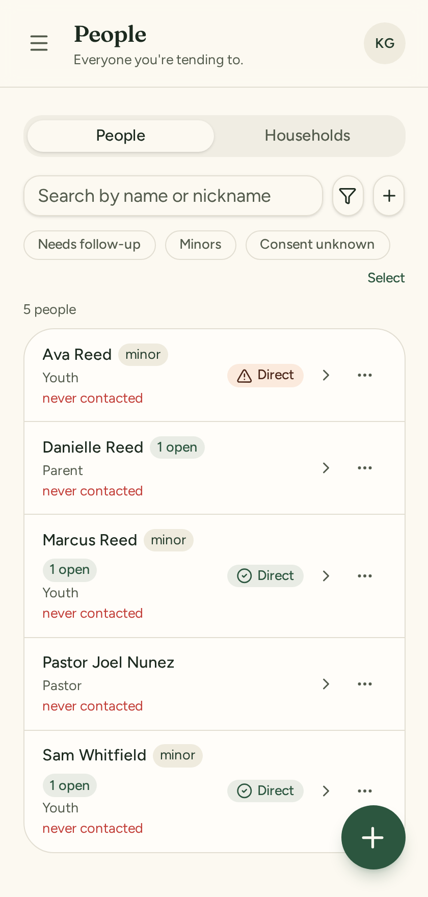 Tend's people directory showing youth, parents and consent status
